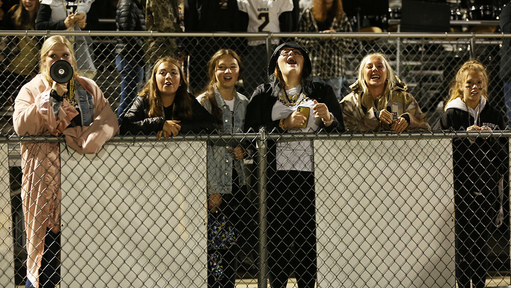 Isabella Lungren, Gabri Grabin, Carly Norman, Charley Mauve, Kendall Tietjen and Alaina Gross cheer for the Bison